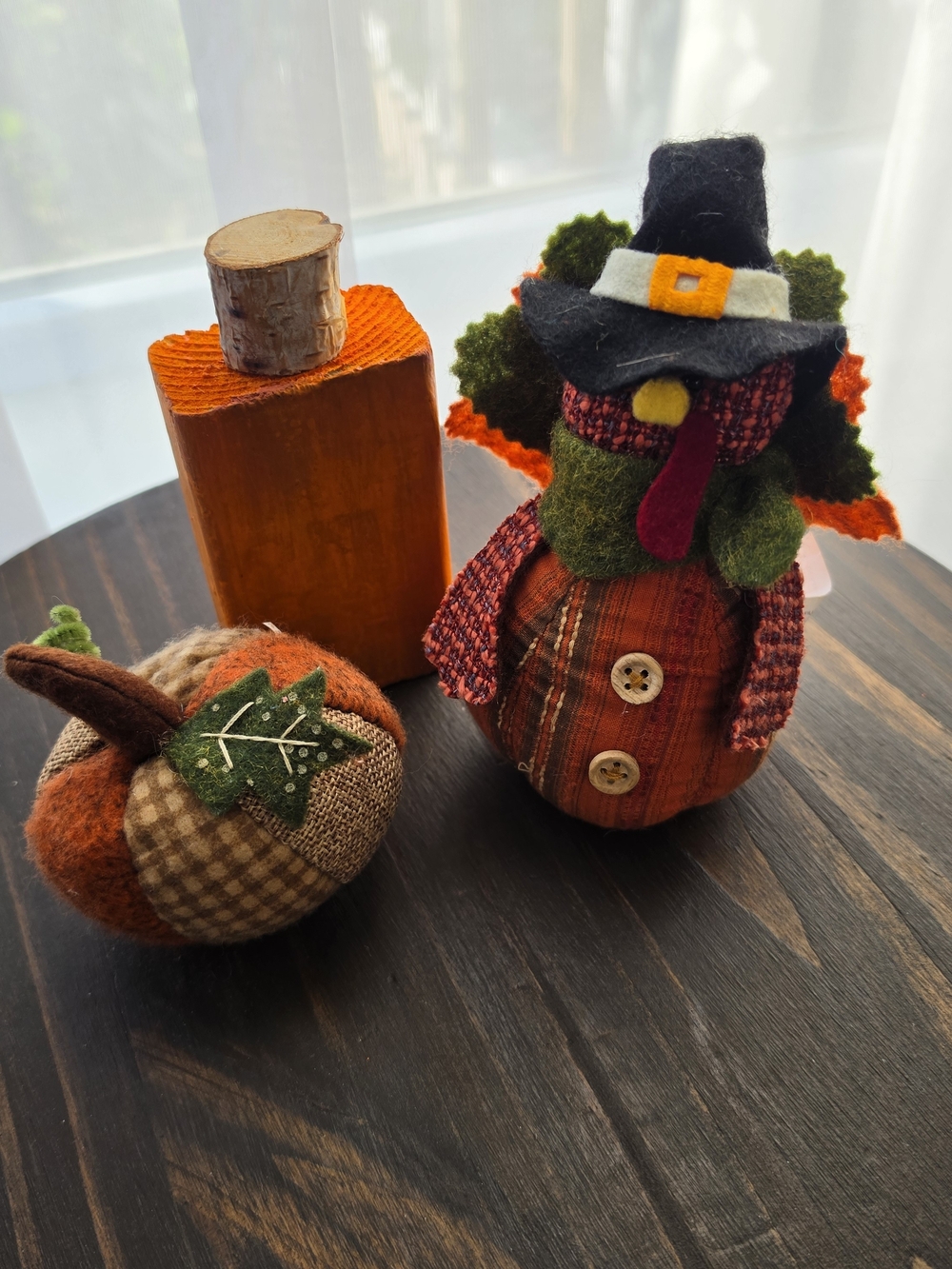 Rustic Orange Fabric Pumpkin Pilgrim Figurine with Green Accents, HAandmade Wood